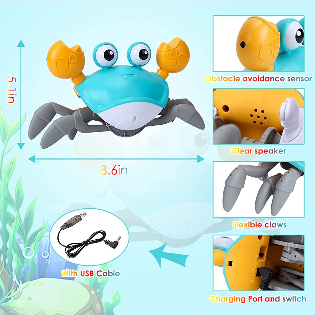 PATPAT Crab Walking Toy with Music, Auto Avoid Obstacles Running Crab Toy, Crawling Crab Baby Toy Gifts, Walking Crab Music Toy with Glowing Eyes, USB Rechargeable, Moving Crab Toy for Baby (Blue) PATPAT Crab Walking Toy with Music, Auto Avoid Obstacles Running Crab Toy, Crawling Crab Baby Toy Gifts, Walking Crab Music Toy with Glowing Eyes, USB Rechargeable, Moving Crab Toy for Baby (Blue)